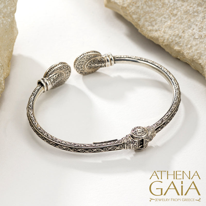 Mediterranean Oval Face Bracelet - 18k Gold and Sterling Silver - Hinged Bangle Bracelet