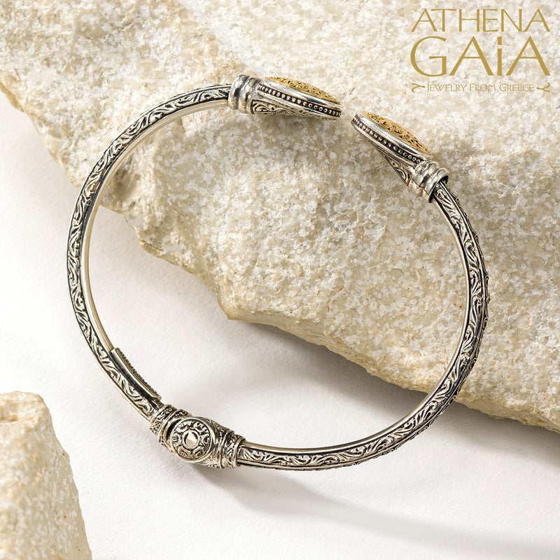 Mediterranean Oval Face Bracelet - 18k Gold and Sterling Silver - Hinged Bangle Bracelet