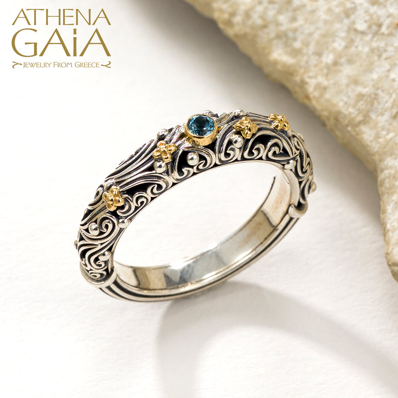Kynthia Round Stone Band Ring - 18k Gold & Sterling Silver Ring - Stackable Ring