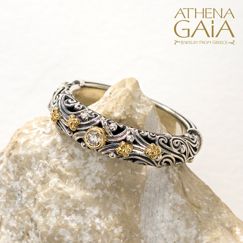 Kynthia Round Stone Band Ring - 18k Gold & Sterling Silver Ring - Stackable Ring