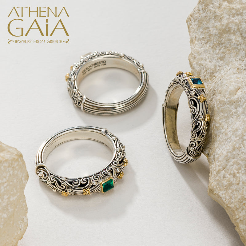 Kynthia Square Stone Band Ring - 18k Gold & Sterling Silver Ring - Stackable Ring