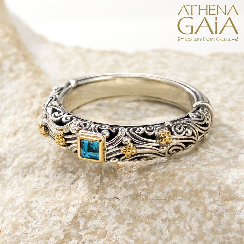 Kynthia Square Stone Band Ring - 18k Gold & Sterling Silver Ring - Stackable Ring