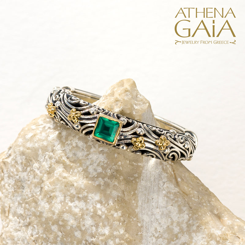 Kynthia Square Stone Band Ring - 18k Gold & Sterling Silver Ring - Stackable Ring