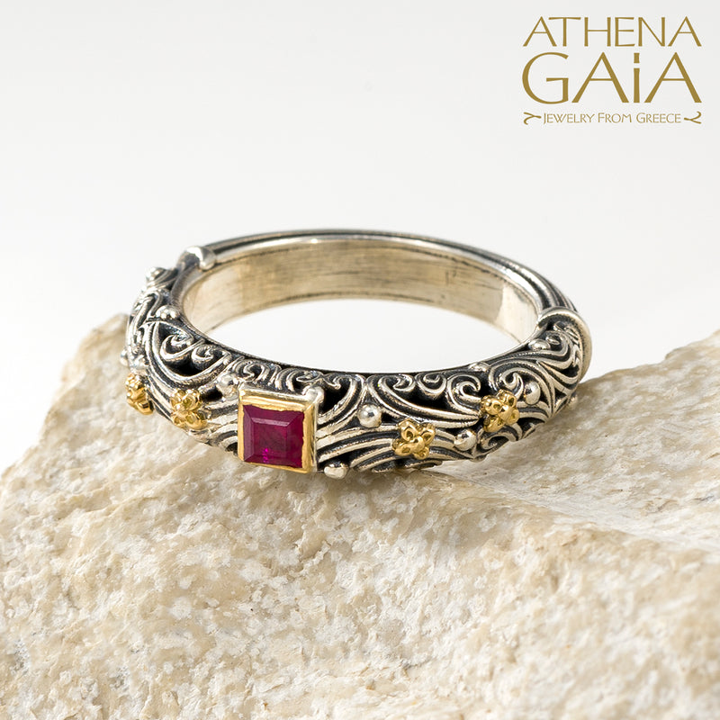 Kynthia Square Stone Band Ring - 18k Gold & Sterling Silver Ring - Stackable Ring