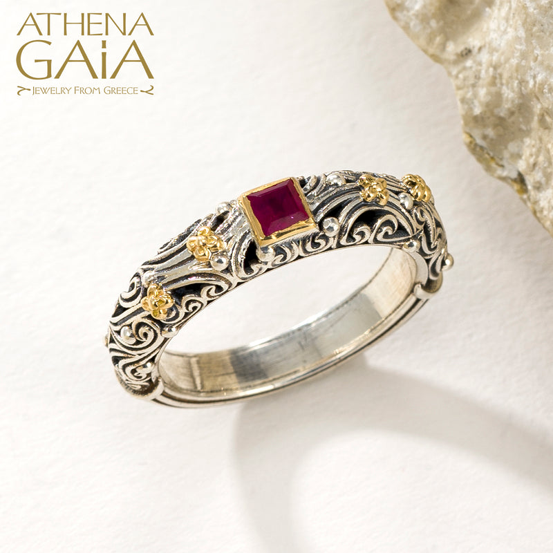 Kynthia Square Stone Band Ring - 18k Gold & Sterling Silver Ring - Stackable Ring