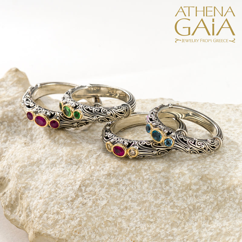 Kynthia Triple Stone Band Ring - 18k Gold & Sterling Silver Ring - Stackable Ring