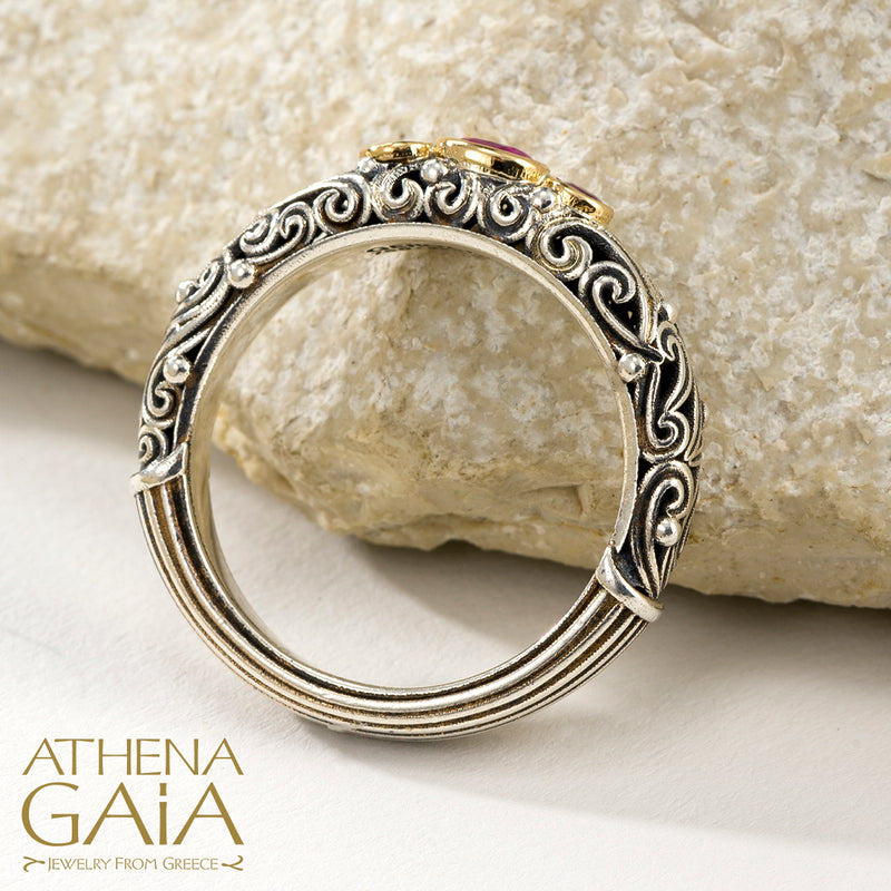 Kynthia Triple Stone Band Ring - 18k Gold & Sterling Silver Ring - Stackable Ring