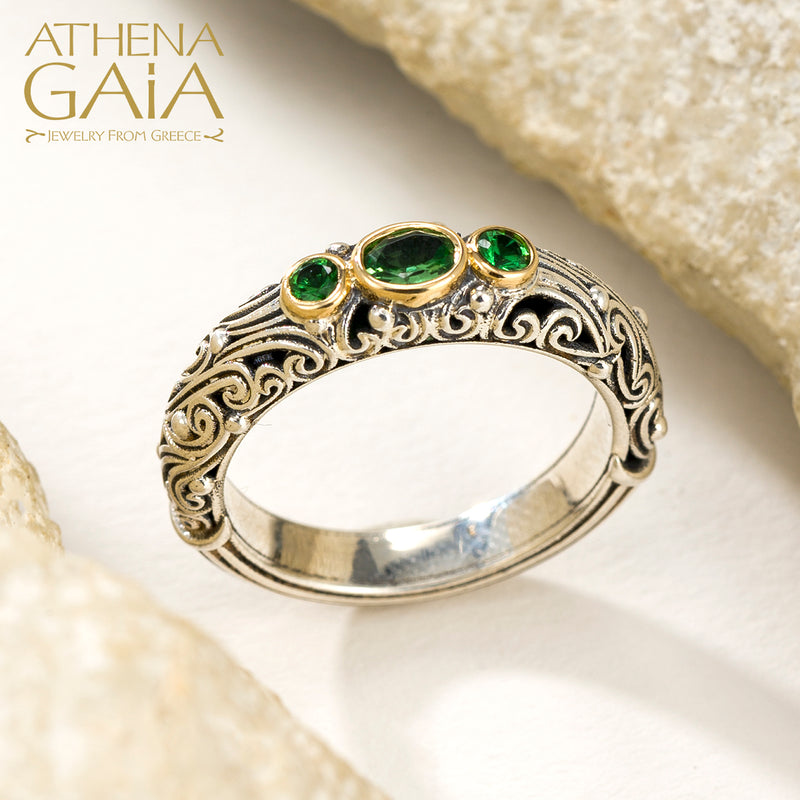 Kynthia Triple Stone Band Ring - 18k Gold & Sterling Silver Ring - Stackable Ring