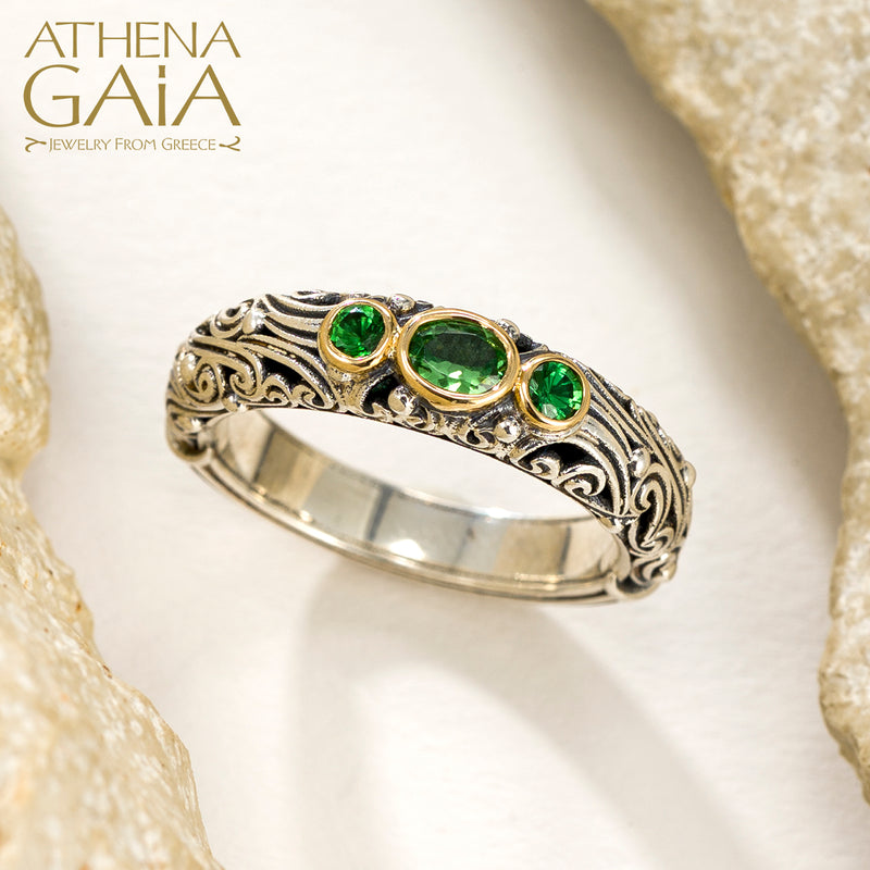 Kynthia Triple Stone Band Ring - 18k Gold & Sterling Silver Ring - Stackable Ring