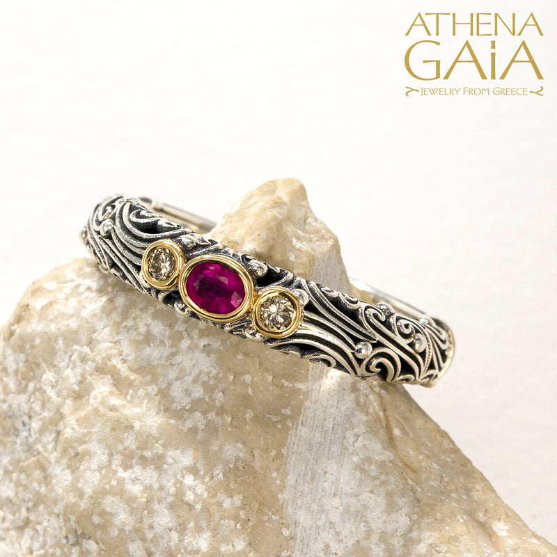 Kynthia Triple Stone Band Ring - 18k Gold & Sterling Silver Ring - Stackable Ring