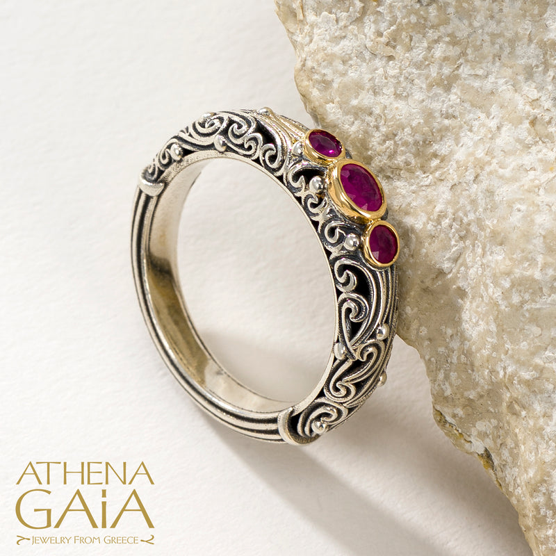 Kynthia Triple Stone Band Ring - 18k Gold & Sterling Silver Ring - Stackable Ring