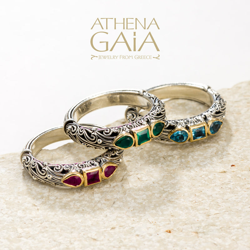 Kynthia Petal and Square Stone Band Ring - 18k Gold & Sterling Silver Ring - Stackable Ring