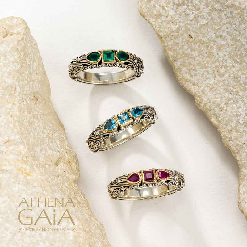 Kynthia Petal and Square Stone Band Ring - 18k Gold & Sterling Silver Ring - Stackable Ring