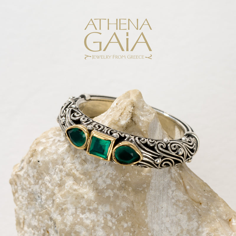 Kynthia Petal and Square Stone Band Ring - 18k Gold & Sterling Silver Ring - Stackable Ring