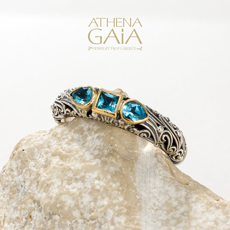 Kynthia Petal and Square Stone Band Ring - 18k Gold & Sterling Silver Ring - Stackable Ring