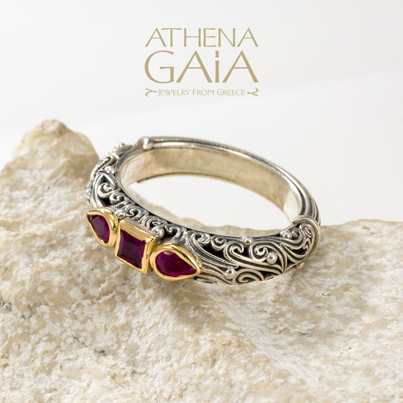 Kynthia Petal and Square Stone Band Ring - 18k Gold & Sterling Silver Ring - Stackable Ring