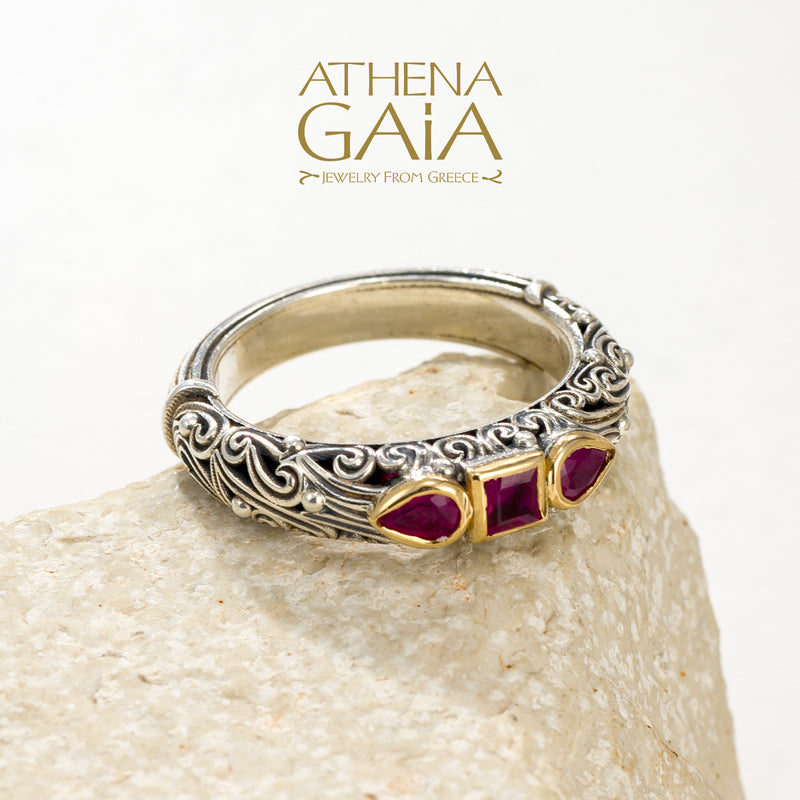 Kynthia Petal and Square Stone Band Ring - 18k Gold & Sterling Silver Ring - Stackable Ring