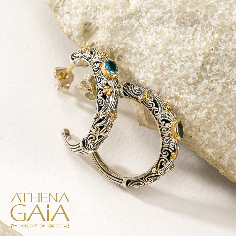 Kynthia Narrow Oval Stone Earrings - 18k Gold & Sterling Silver - Hoop Earrings