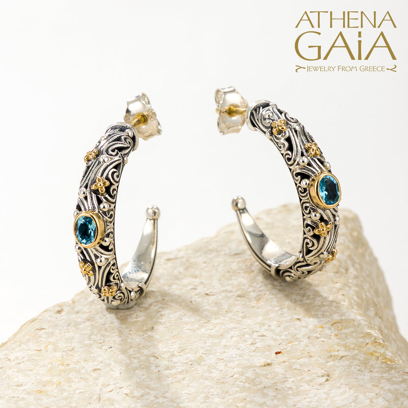 Kynthia Narrow Oval Stone Earrings - 18k Gold & Sterling Silver - Hoop Earrings