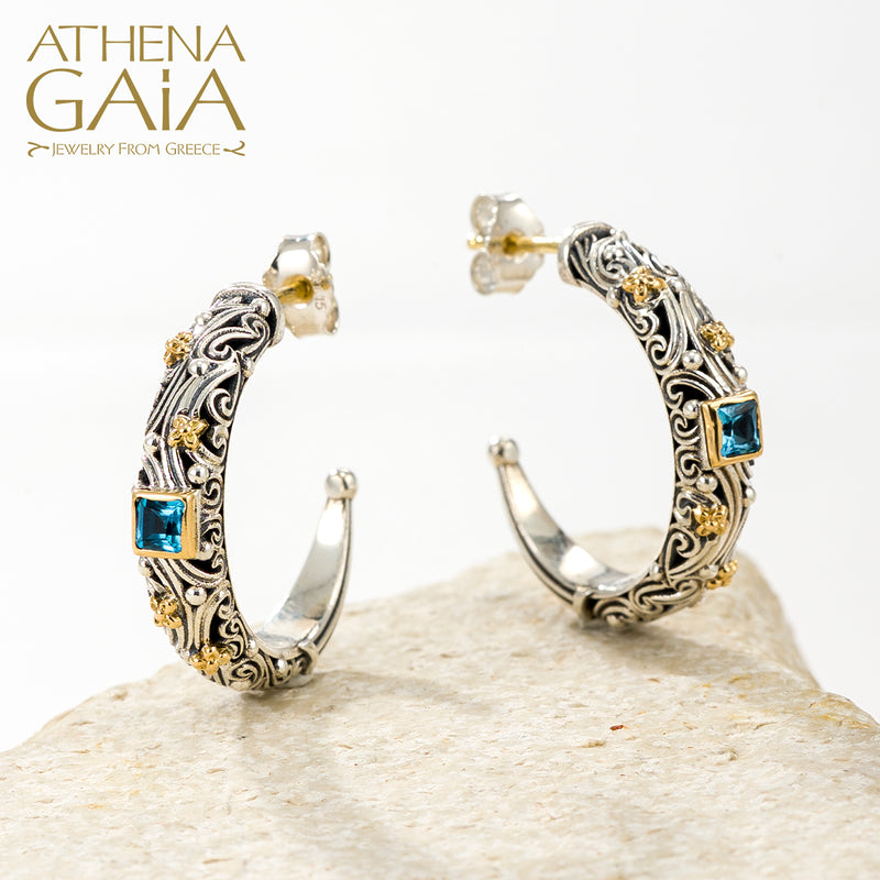 Kynthia Narrow Square Stone Earrings - 18k Gold & Sterling Silver - Hoop Earrings