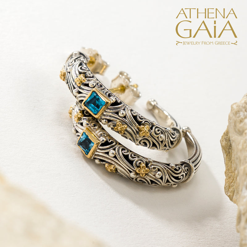 Kynthia Narrow Square Stone Earrings - 18k Gold & Sterling Silver - Hoop Earrings