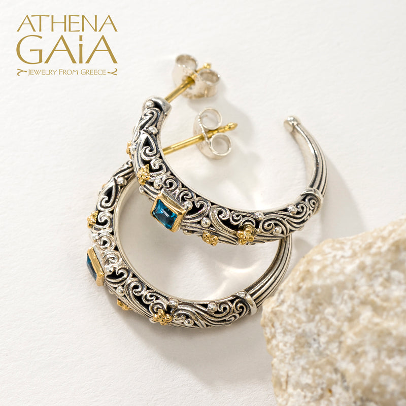 Kynthia Narrow Square Stone Earrings - 18k Gold & Sterling Silver - Hoop Earrings