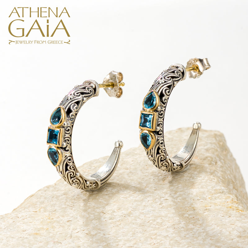 Kynthia Narrow Petal and Square Stone Earrings - 18k Gold & Sterling Silver - Hoop Earrings