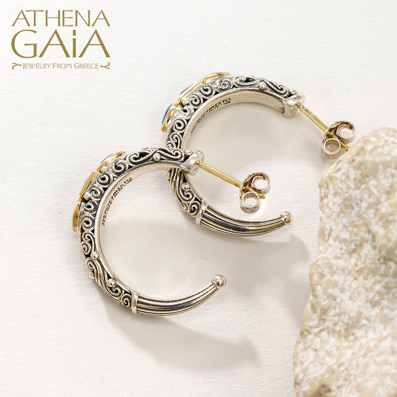 Kynthia Narrow Petal and Square Stone Earrings - 18k Gold & Sterling Silver - Hoop Earrings