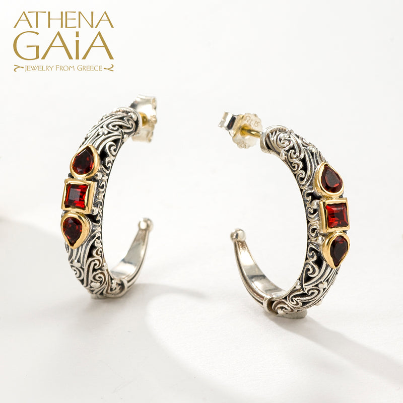 Kynthia Narrow Petal and Square Stone Earrings - 18k Gold & Sterling Silver - Hoop Earrings