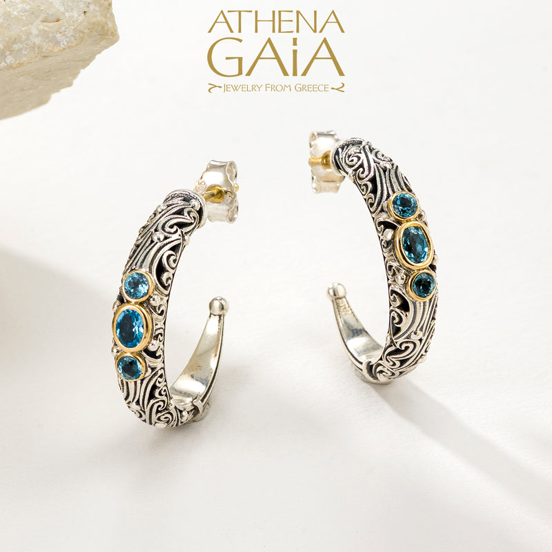 Kynthia Narrow Triple Stone Earrings - 18k Gold & Sterling Silver - Hoop Earrings