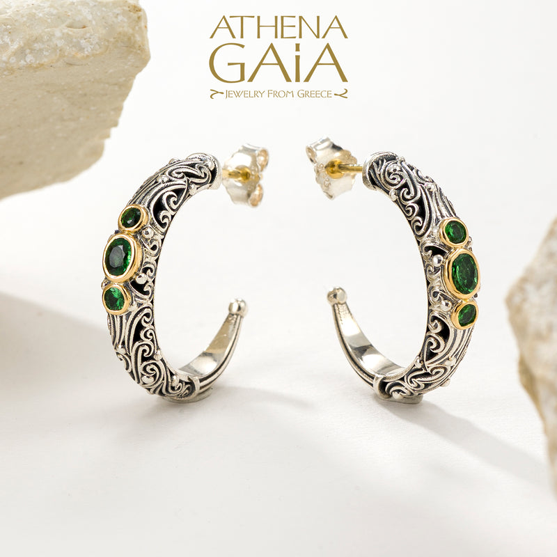 Kynthia Narrow Triple Stone Earrings - 18k Gold & Sterling Silver - Hoop Earrings