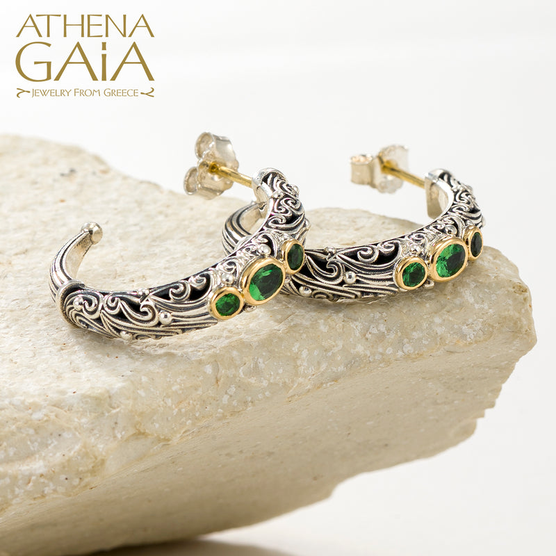 Kynthia Narrow Triple Stone Earrings - 18k Gold & Sterling Silver - Hoop Earrings