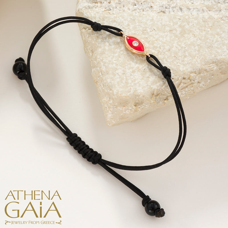 Evil Eye Bracelet - 18k Gold Adjustable Cord with Diamond & Enamel | Greek Mati
