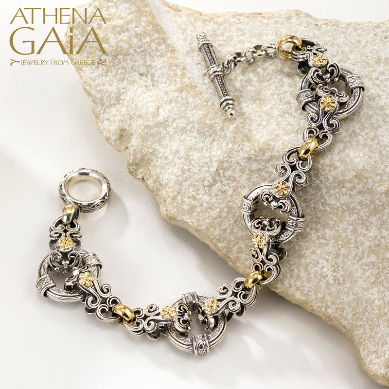 Gold Flower Circle Station Bracelet - 18k Gold & Sterling Silver Bracelet - Link Bracelet