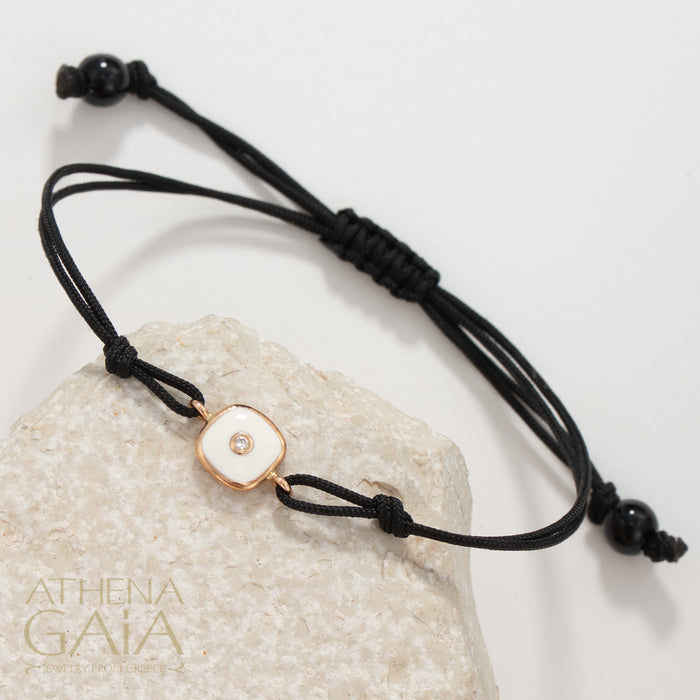 Square Enamel Evil Eye - Adjustable Cord with Diamond Bracelet- 14k Gold - Evil Eye Bracelet