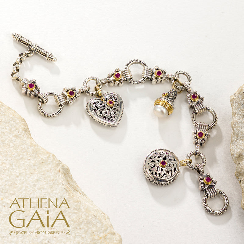 The Santorini 3-Charm Bracelet - 18k Gold and Sterling Silver - Ruby Charm Bracelet