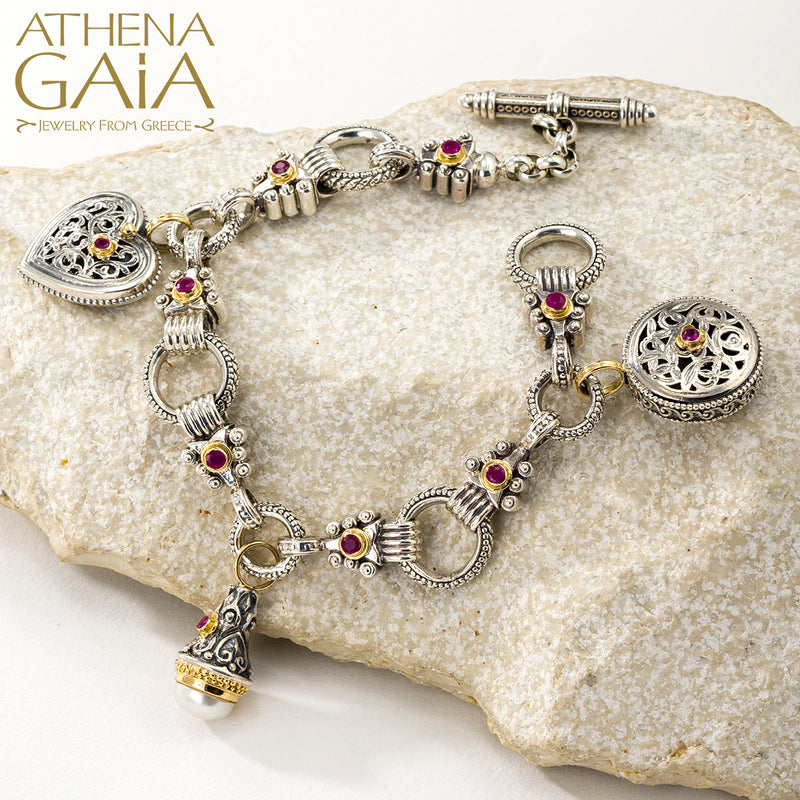 The Santorini 3-Charm Bracelet - 18k Gold and Sterling Silver - Ruby Charm Bracelet