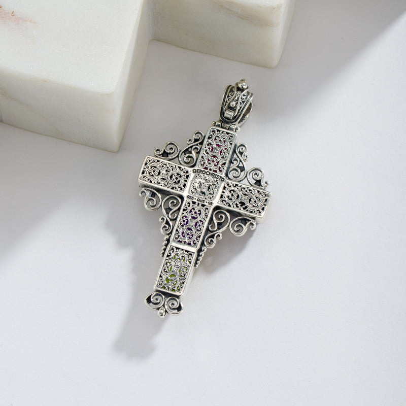 Dione Long Filigree Doublet Cross - Sterling Silver & Gold Plating - Latin Cross