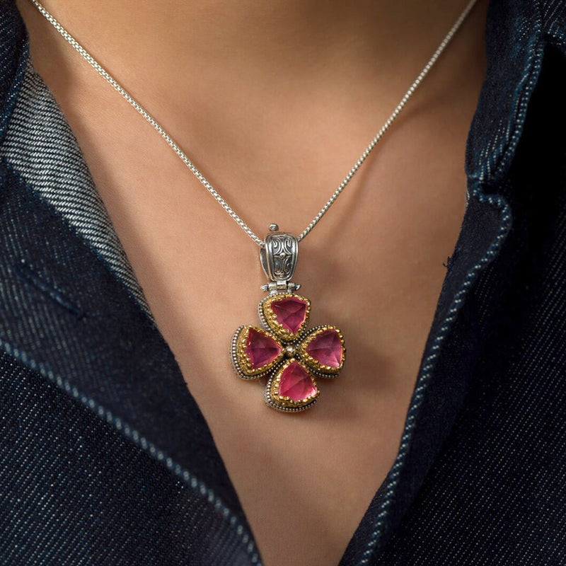 Pop Rocks Dione Flower Bezel Cross (Small) - Sterling Silver & Gold Plating