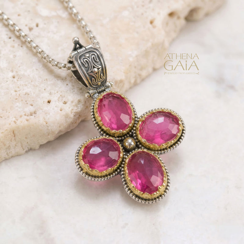 Pop Rocks Oval Dione Flower Bezel Cross - Sterling Silver & Gold Plating