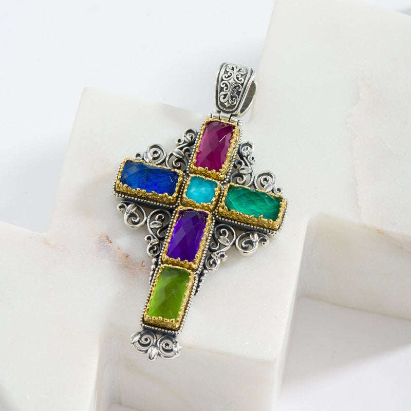 Dione Long Filigree Doublet Cross - Sterling Silver & Gold Plating - Latin Cross