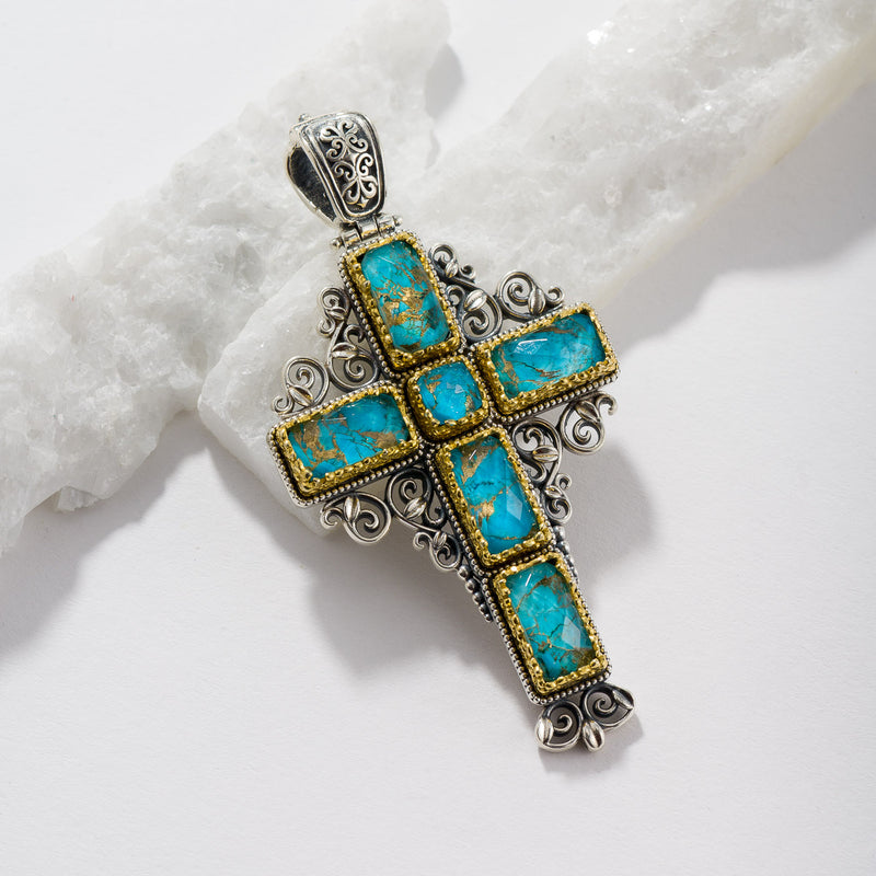Dione Long Filigree Doublet Cross - Sterling Silver & Gold Plating - Latin Cross