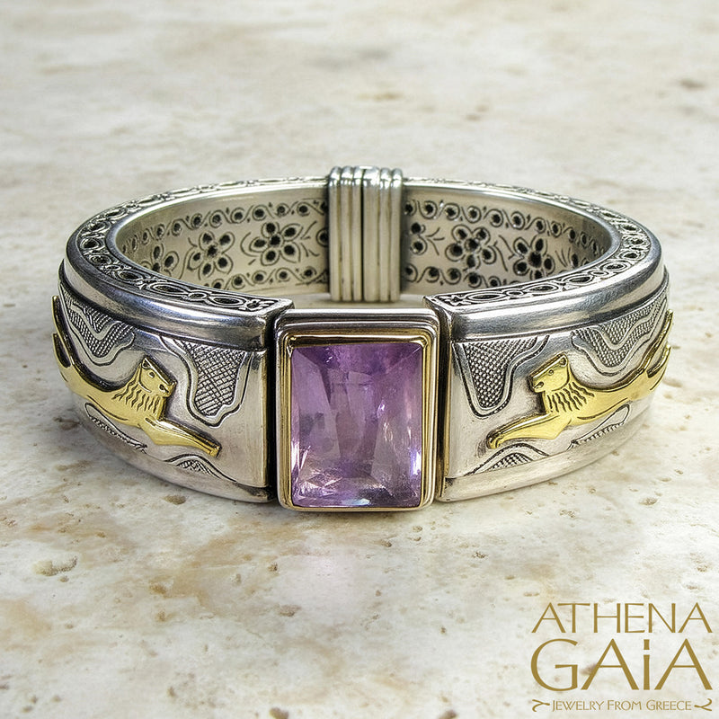 Lions Bracelet - 18k Gold & Sterling Silver - Cuff Bracelet