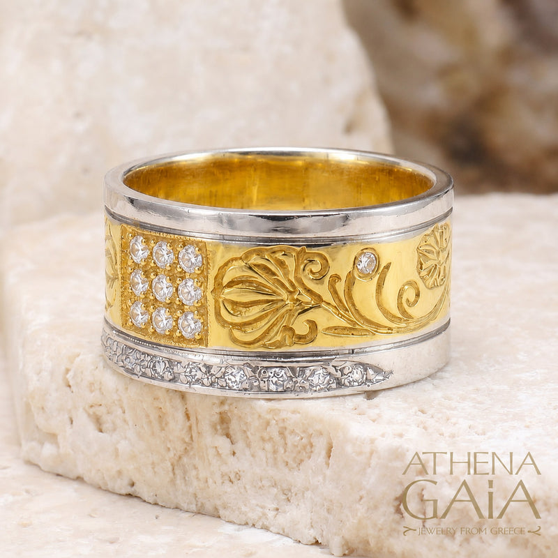 Diamond Row Stone Field Ring - 18k Gold Ring - Cigar Band Ring