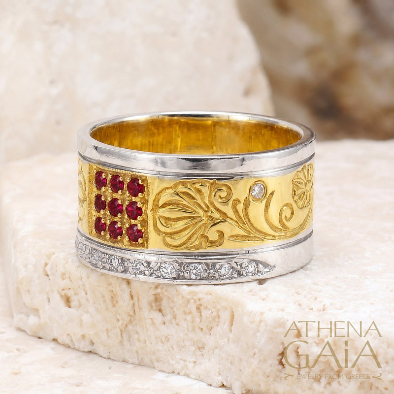 Diamond Row Stone Field Ring - 18k Gold Ring - Cigar Band Ring