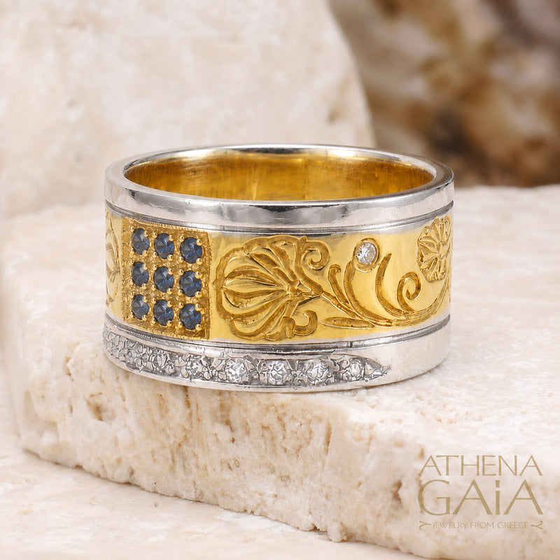Diamond Row Stone Field Ring - 18k Gold Ring - Cigar Band Ring