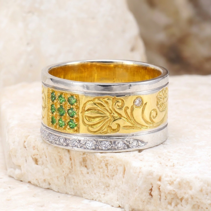 Diamond Row Stone Field Ring - 18k Gold Ring - Cigar Band Ring