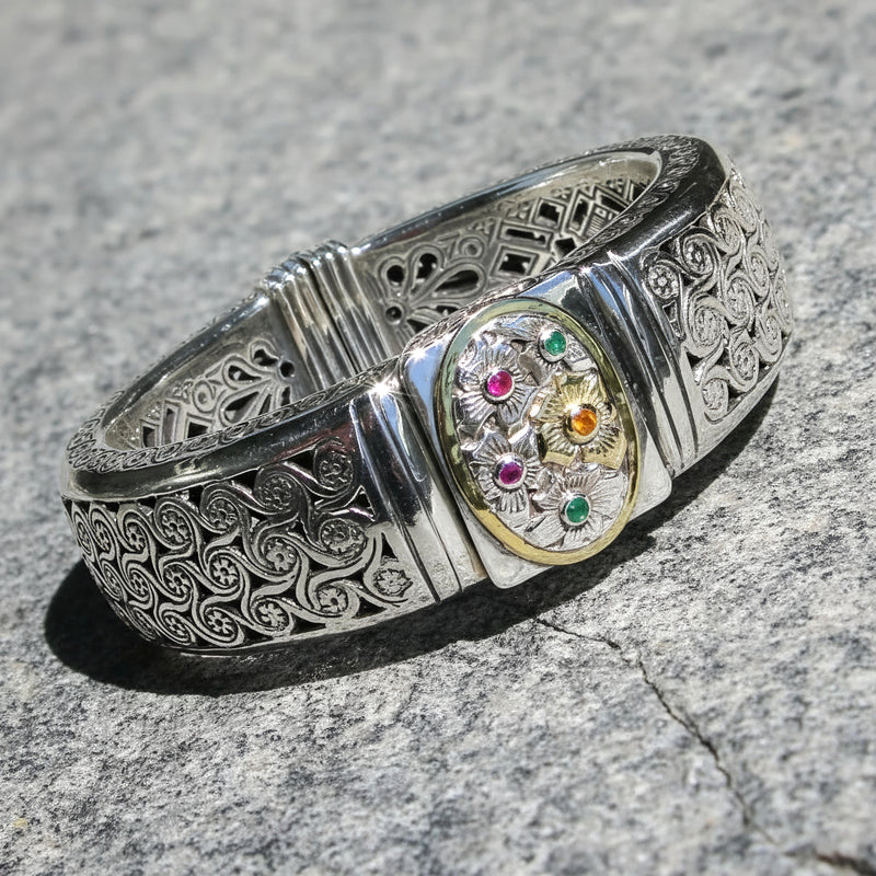 Flower Field Wide Bracelet - 18k Gold & Sterling Silver - Cuff Bracelet