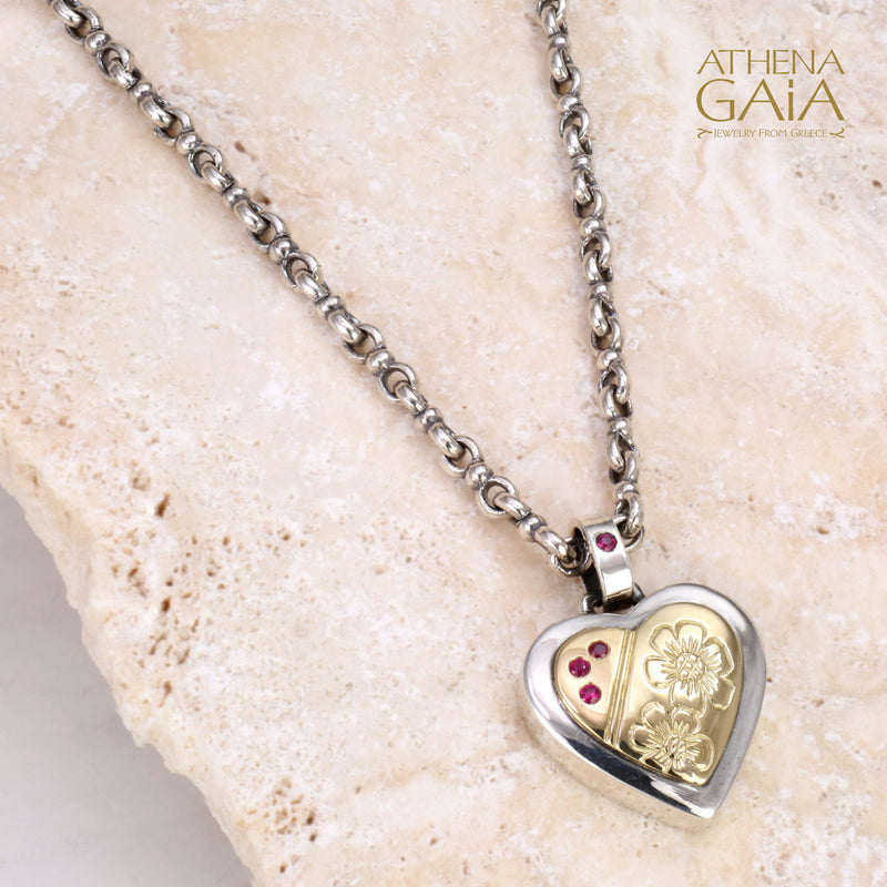 Flowers with Gemstones Heart Pendant - 18k Gold & Sterling Silver Pendant