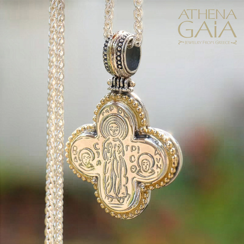 Gold Border Panagia Rounded Greek Cross - 18k Gold & Sterling Silver - Orthodox Cross Necklace